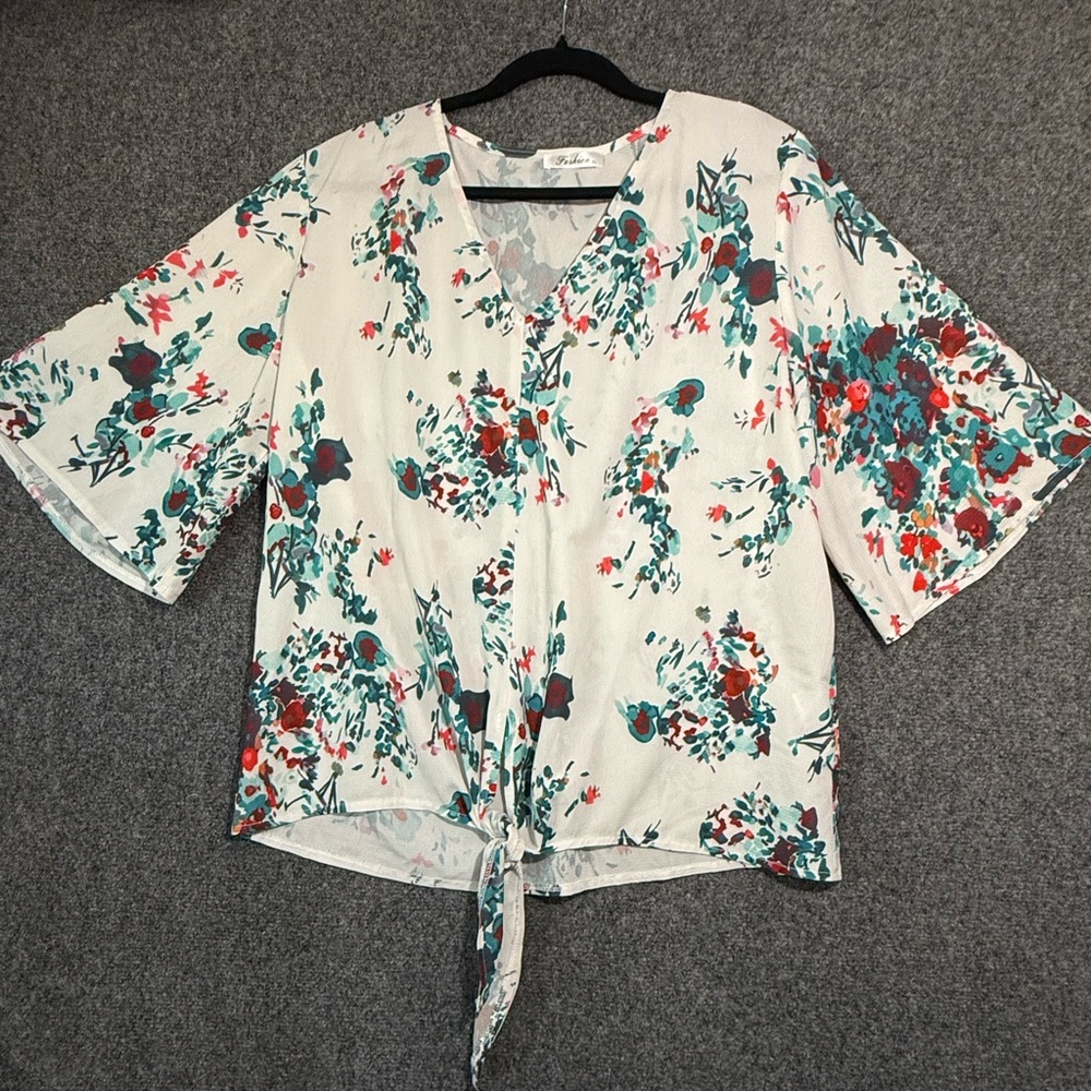 Floral Tie-Front Blouse - White and Teal